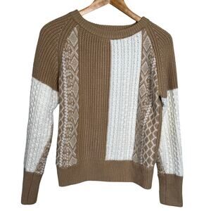 BB Dakota Steve Madden Cable Knit Colorblock Sweater Tan Cream Sz S Grandpa Chic